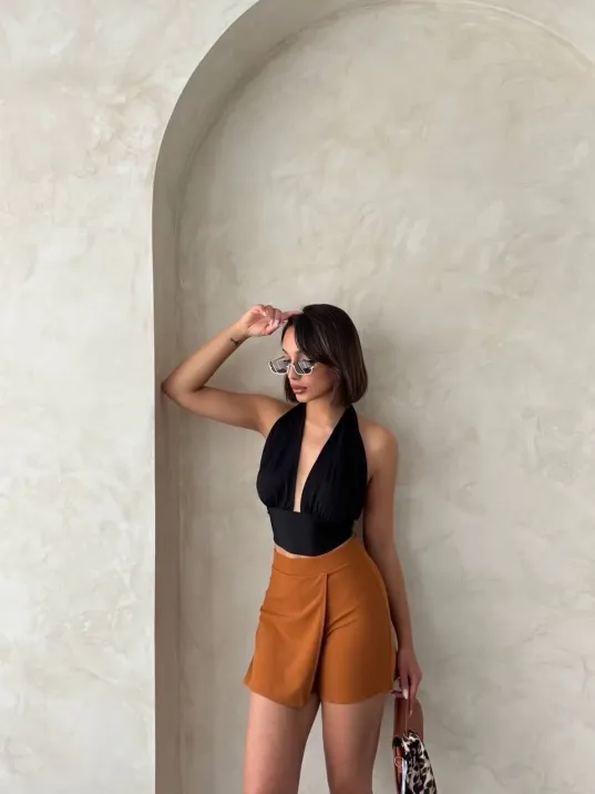 Kapaklı Şort Etek Camel S208