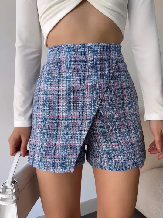 Kapaklı Tüvit Şort Etek Mavi