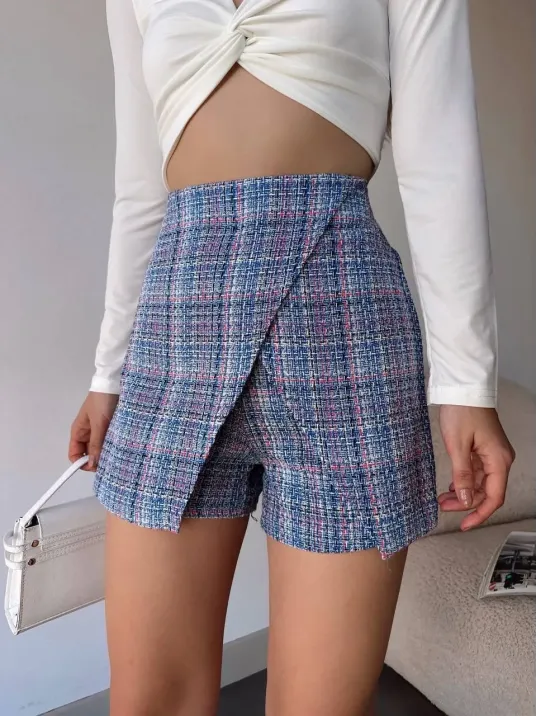 Kapaklı Tüvit Şort Etek Mavi