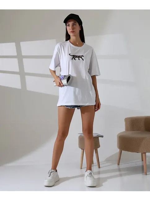 Kaplan Nakış İşlemeli Oversize Tişört
