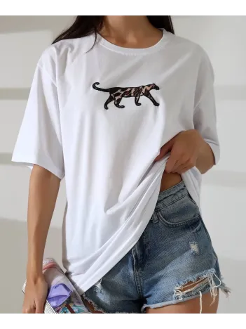 Kaplan Nakış İşlemeli Oversize Tişört