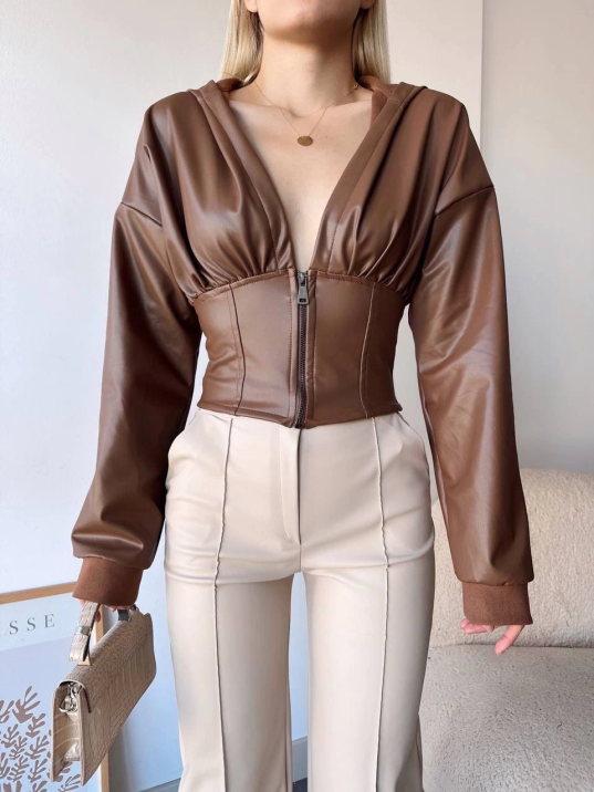 Kapşonlu yarım fermuarlı ceket kahve h24116 Kapşonlu yarım fermuarlı ceket kahve h24116