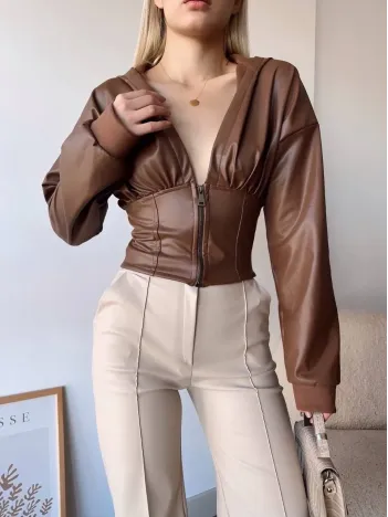 Kapşonlu Yarım Fermuarlı Ceket Kahve H24116