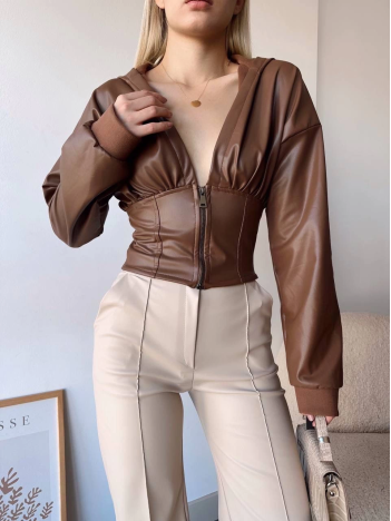 Kapşonlu yarım fermuarlı ceket kahve h24116 Kapşonlu yarım fermuarlı ceket kahve h24116