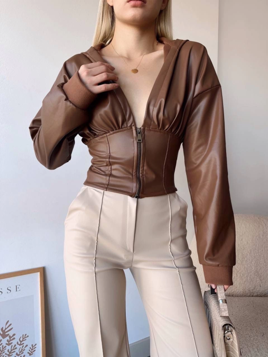 Kapşonlu yarım fermuarlı ceket kahve h24116 Kapşonlu yarım fermuarlı ceket kahve h24116