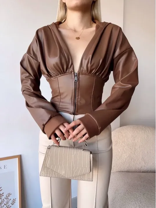 Kapşonlu Yarım Fermuarlı Ceket Kahve H24116 Kapşonlu Yarım Fermuarlı Ceket Kahve H24116