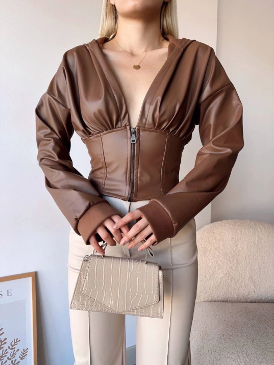 Kapşonlu yarım fermuarlı ceket kahve h24116 Kapşonlu yarım fermuarlı ceket kahve h24116