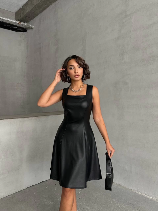 Kare yaka deri elbise siyah h24442 Kare yaka deri elbise siyah h24442