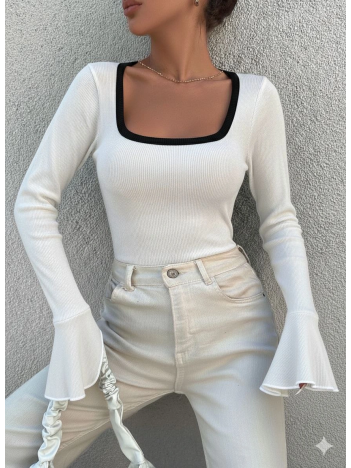 Kare yaka garni detay ispanyol kol bluz beyaz a3105 Kare yaka garni detay ispanyol kol bluz beyaz a3105