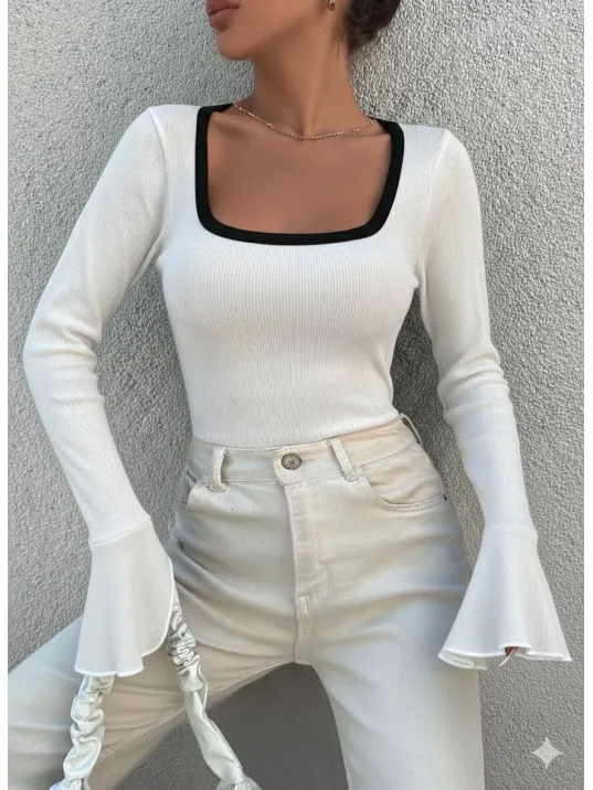 Kare Yaka Garni Detay İspanyol Kol Bluz Beyaz A3105