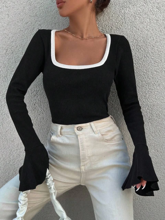 Kare yaka garni detay ispanyol kol bluz siyah a3105 Kare yaka garni detay ispanyol kol bluz siyah a3105