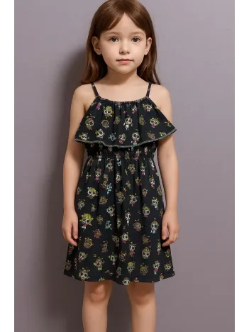 Karikatür Baskılı Askılı Kız Çocuk Elbisesi Lacivert