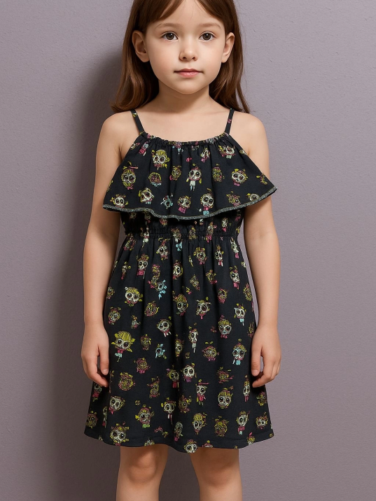 Karikatür baskılı askılı kız çocuk elbisesi lacivert Karikatür baskılı askılı kız çocuk elbisesi lacivert