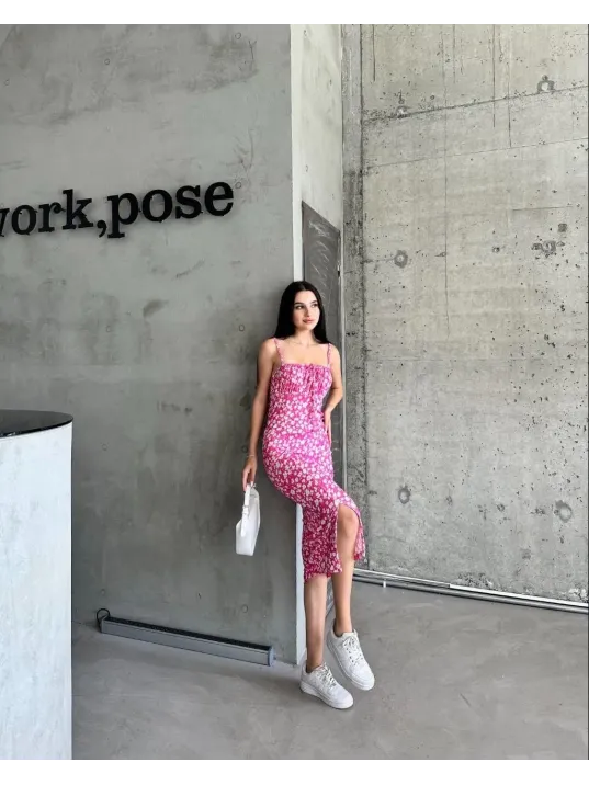 Kaşkorse Desenli Askılı Elbise