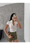 Kaşkorse Yaka Fermuarlı Bluz Beyaz