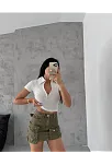 Kaşkorse Yaka Fermuarlı Bluz Beyaz