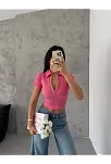 Kaşkorse Yaka Fermuarlı Bluz Fuşya