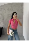 Kaşkorse Yaka Fermuarlı Bluz Fuşya