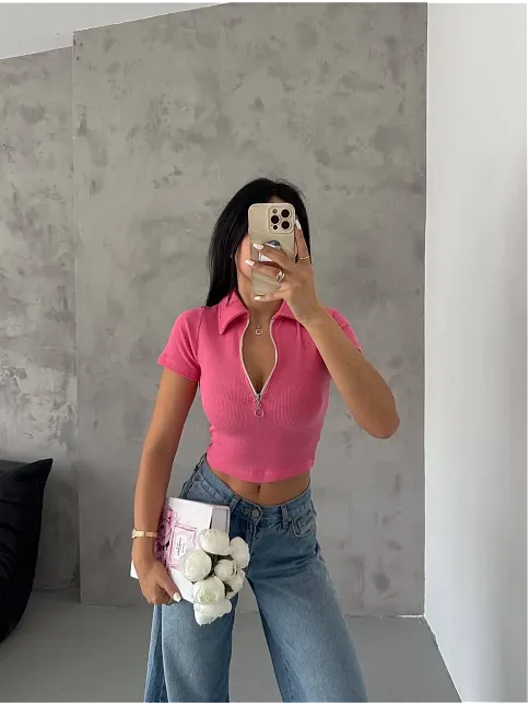 Kaşkorse Yaka Fermuarlı Bluz Fuşya