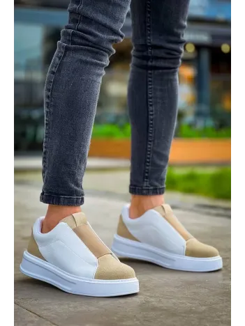 Kb-007  Kuback  Beyaz Bej Yüksek Taban Tek Bant Bağcıksız Günlük Erkek Ayakkabı