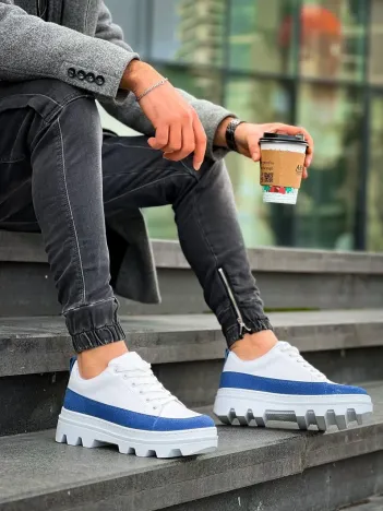 Kb-056 Kuback Beyaz Mavi Detaylı Beyaz Yüksek Taban Günlük Spor Ayakkabı