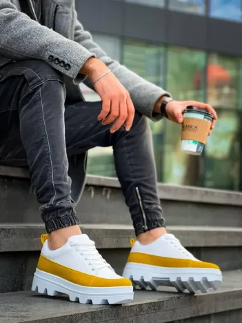 Kb-056 Kuback Beyaz Sarı Detaylı Beyaz Yüksek Taban Günlük Spor Ayakkabı