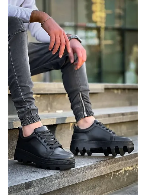 Kb-056 Kuback Siyah Cilt Siyah Yüksek Taban Günlük Spor Ayakkabı