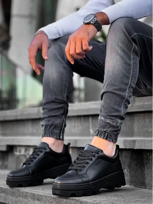 Kb-056 Kuback Siyah Cilt Siyah Yüksek Taban Günlük Spor Ayakkabı Kb-056 Kuback Siyah Cilt Siyah Yüksek Taban Günlük Spor Ayakkabı