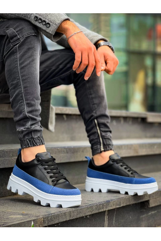KB-056 Kuback Siyah Mavi Detaylı Beyaz Yüksek Taban Günlük Spor Ayakkabı