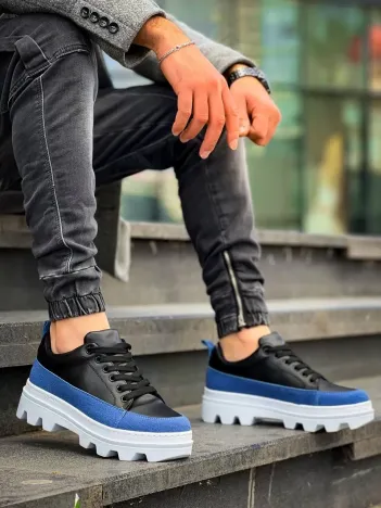 Kb-056 Kuback Siyah Mavi Detaylı Beyaz Yüksek Taban Günlük Spor Ayakkabı