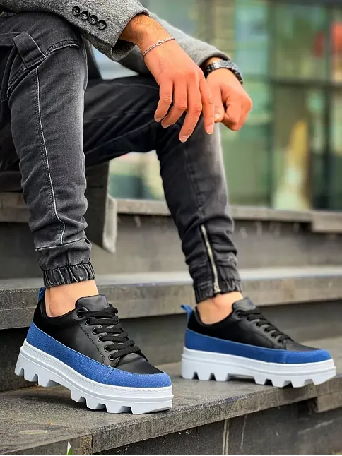 Kb-056 Kuback Siyah Mavi Detaylı Beyaz Yüksek Taban Günlük Spor Ayakkabı