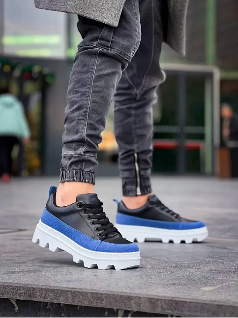 Kb-056 Kuback Siyah Mavi Detaylı Beyaz Yüksek Taban Günlük Spor Ayakkabı