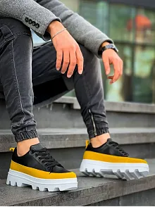 Kb-056 Kuback Siyah Sarı Detaylı Beyaz Yüksek Taban Günlük Spor Ayakkabı
