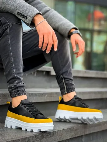 Kb-056 Kuback Siyah Sarı Detaylı Beyaz Yüksek Taban Günlük Spor Ayakkabı