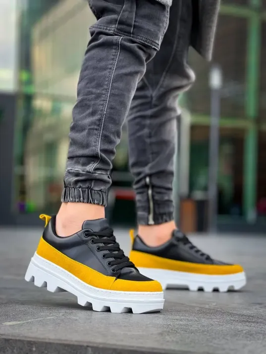 Kb-056 Kuback Siyah Sarı Detaylı Beyaz Yüksek Taban Günlük Spor Ayakkabı