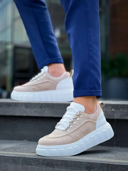Kb-x10 Kuback Bej Süet Beyaz Yüksek Taban Günlük Spor Ayakkabı