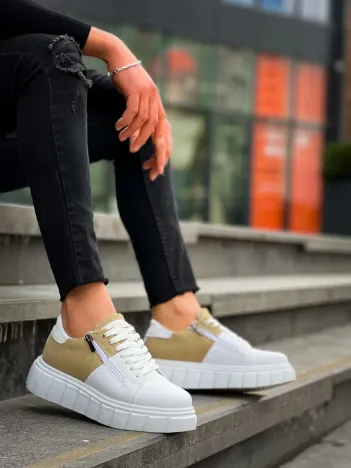 Kb-x155 Kuback Beyaz Cilt Bej Süet Detaylı Beyaz Yüksek Taban Günlük Spor Ayakkabı