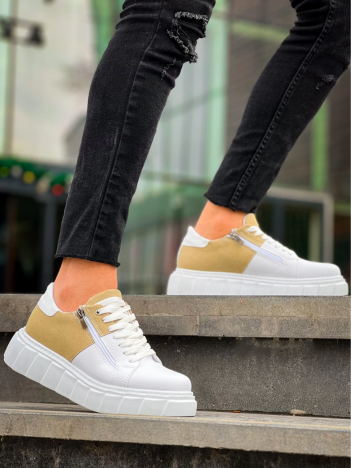 KB-X155 Kuback Beyaz Cilt Bej Süet Detaylı Beyaz Yüksek Taban Günlük Spor Ayakkabı