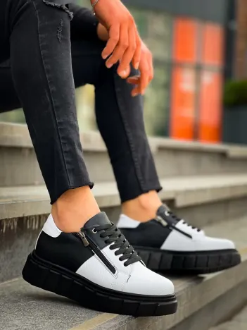 Kb-x155 Kuback Beyaz Cilt Siyah Cilt Detaylı Siyah Yüksek Taban Günlük Spor Ayakkabı