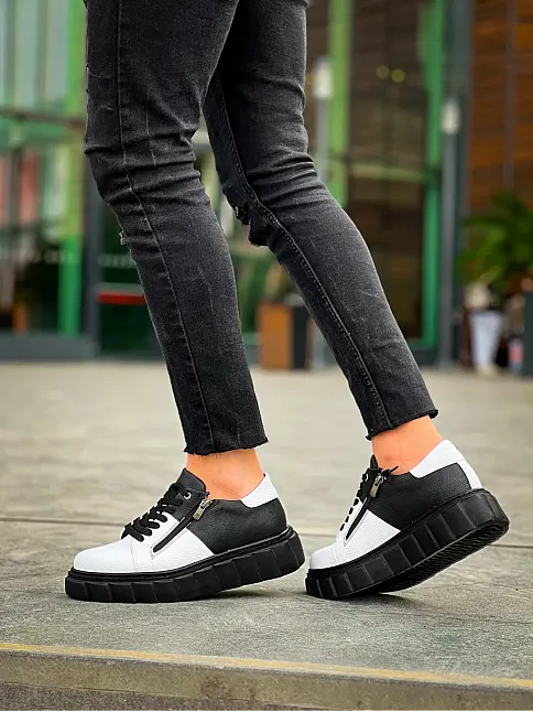 Kb-x155 Kuback Beyaz Cilt Siyah Cilt Detaylı Siyah Yüksek Taban Günlük Spor Ayakkabı