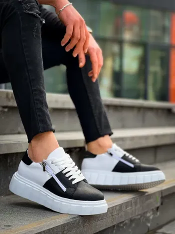 Kb-x155 Kuback Siyah Cilt Beyaz Cilt Detaylı Beyaz Yüksek Taban Günlük Spor Ayakkabı