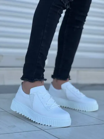 Kb-x502  Kuback Beyaz Cilt Yüksek Beyaz Taban Bağcık Detaylı Lastikli Günlük Erkek Ayakkabı