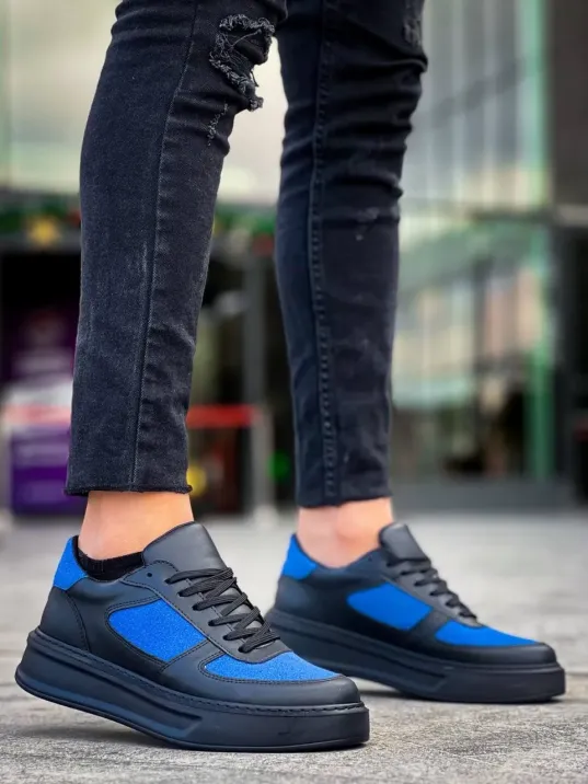 Kb-x8 Kuback Siyah Cilt Mavi Süet Detaylı Siyah Yüksek Taban Günlük Spor Ayakkabı