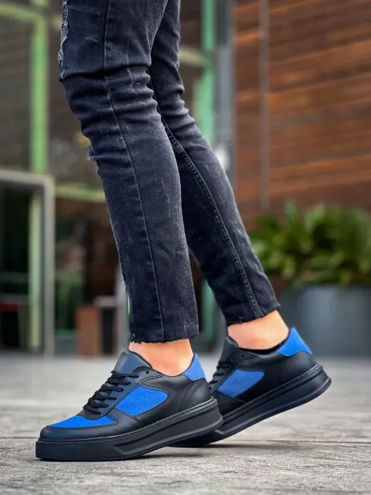 Kb-x8 Kuback Siyah Cilt Mavi Süet Detaylı Siyah Yüksek Taban Günlük Spor Ayakkabı