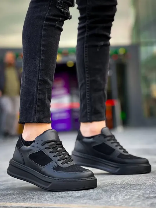 Kb-x8 Kuback Siyah Cilt Siyah Süet  Detaylı Siyah Yüksek Taban Günlük Spor Ayakkabı