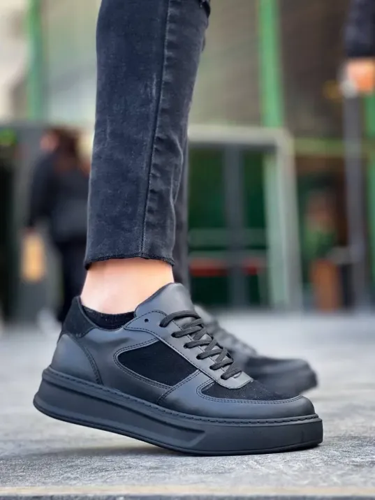 Kb-x8 Kuback Siyah Cilt Siyah Süet  Detaylı Siyah Yüksek Taban Günlük Spor Ayakkabı