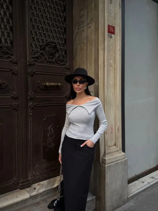 Kelebek Yaka Uzun Kol Bluz Gri