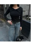 Kelebek Yaka Uzun Kol Bluz Siyah