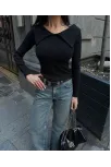 Kelebek Yaka Uzun Kol Bluz Siyah