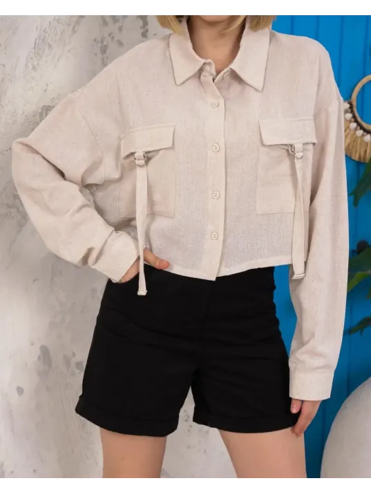 Kemer Cepli Keten Crop Gömlek Krem S255350 Kemer Cepli Keten Crop Gömlek Krem S255350